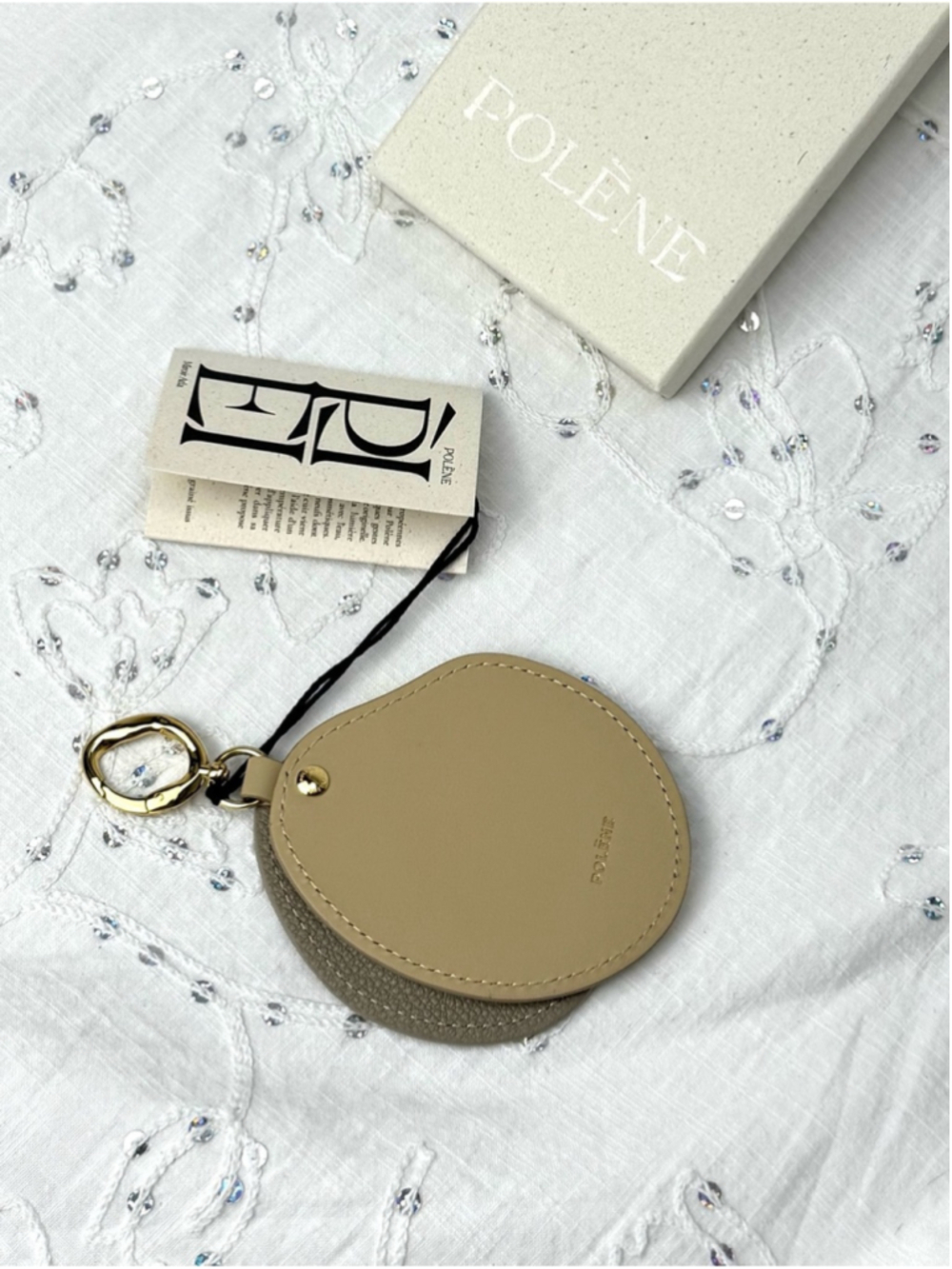 Polène Mirror Atla Trio Taupe Leather Bag Charm Compact Mirror NIB - Picture 3 of 5